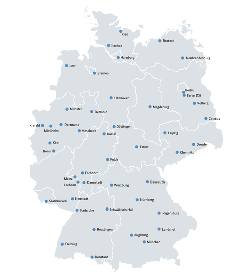 Deutschlandkarte mit den Standorten der Bundesnetzagentur